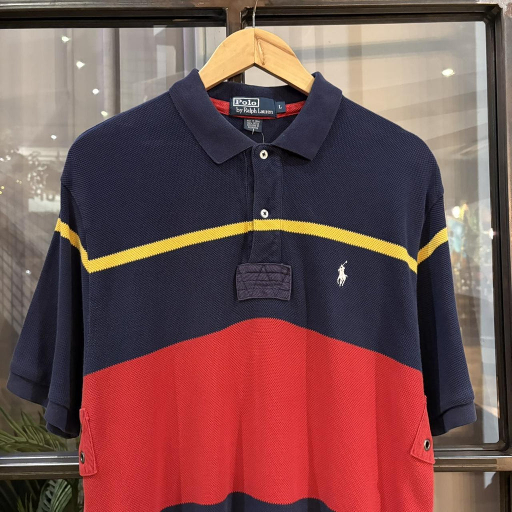 POL182P-F - Vintage Retro Ralph Lauren Navy and Red Two Block Polo Shirt Short Sleeve collared button up top  #Y2K #preppy #chiefkeef #oldmoney #ralphlauren