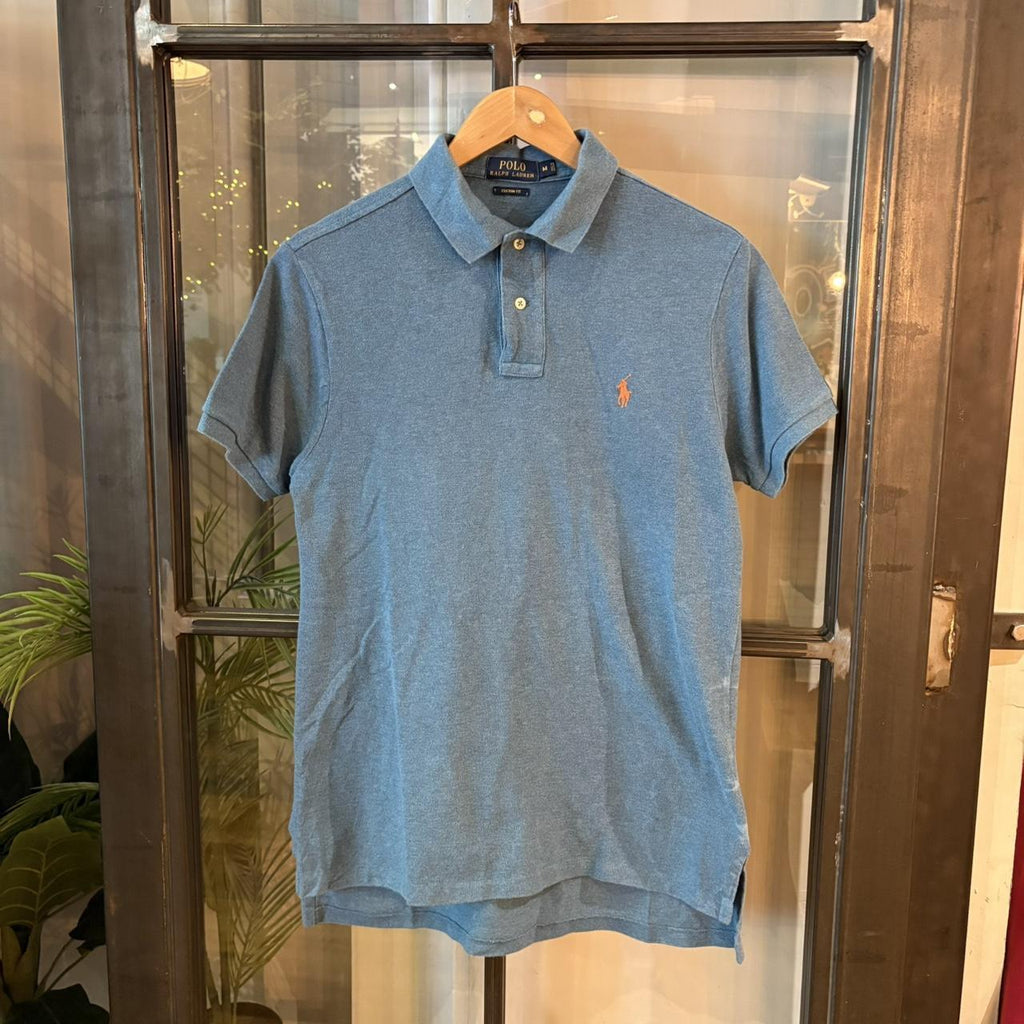 POL403F - Vintage Retro Ralph Lauren Blue Plain Polo Shirt Short Sleeve collared button up top  #Y2K #preppy #chiefkeef #oldmoney #ralphlauren