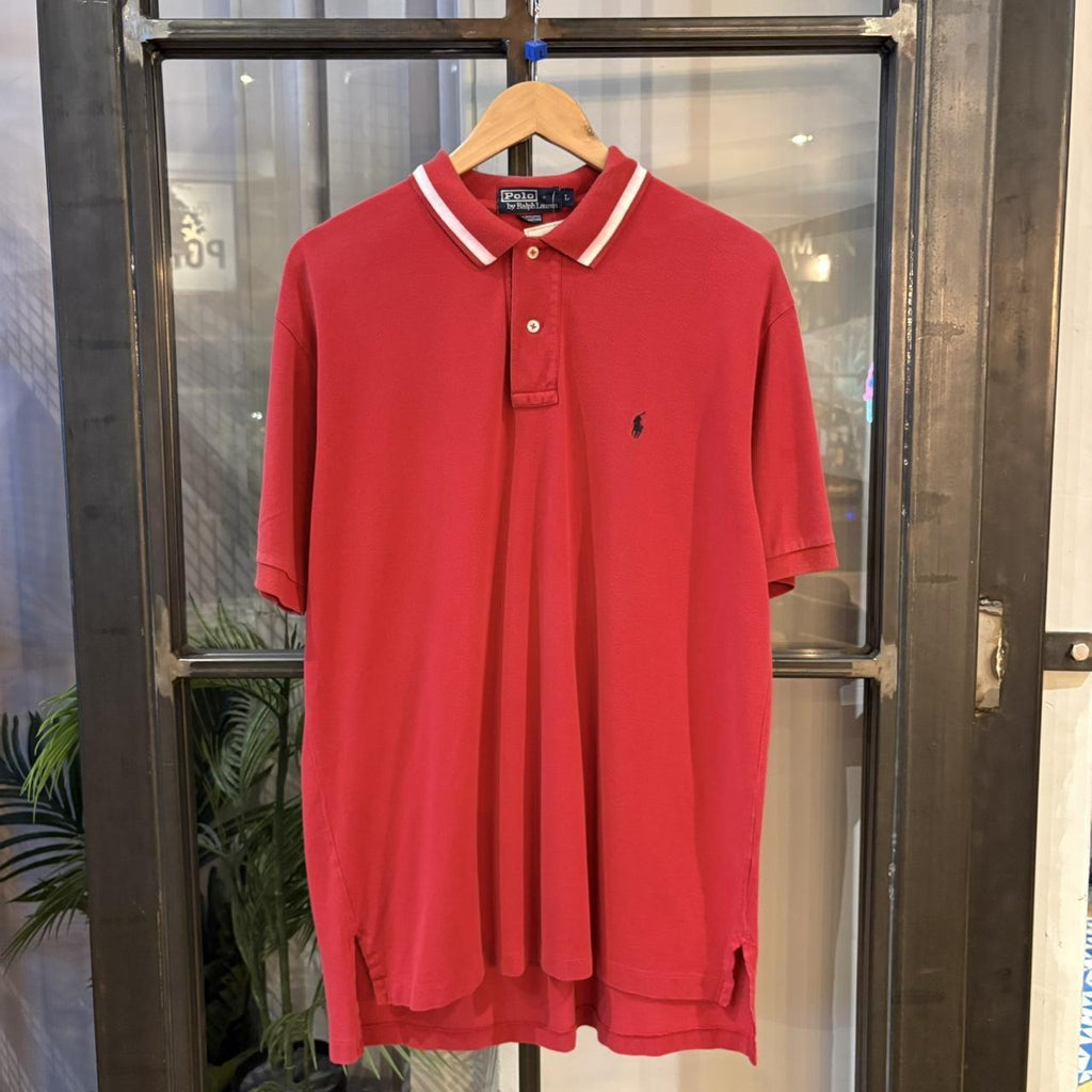 BR1209JV-F - Vintage Retro Ralph Lauren Plain Red Polo Shirt Short Sleeve with stripes white collared button up top  #Y2K #preppy #chiefkeef #oldmoney #ralphlauren