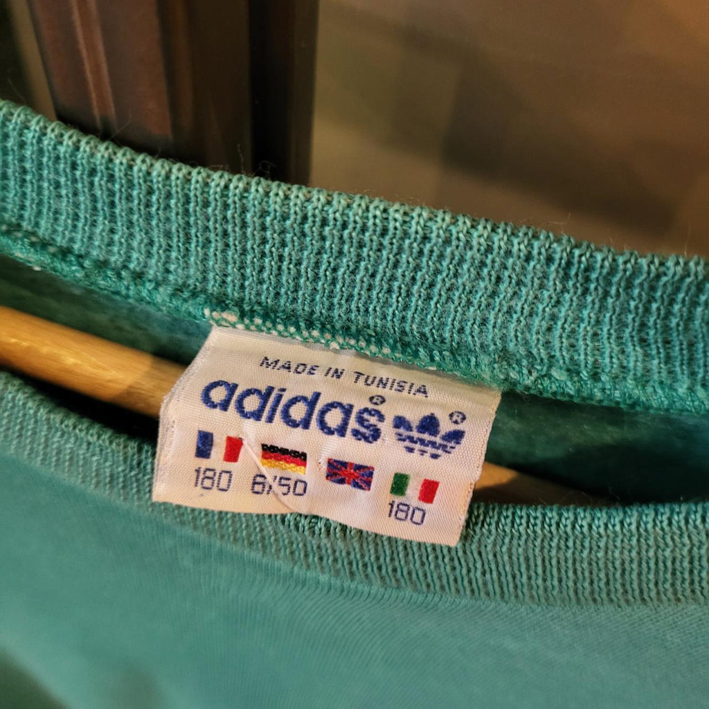 SWT258 - Vintage Retro Essential Adidas Turquiose Green sweatshirt jumper crewneck with Kangaroo Pocket Pouch and minimal red line detailing on arm #adidas #blank #sportswear #90s