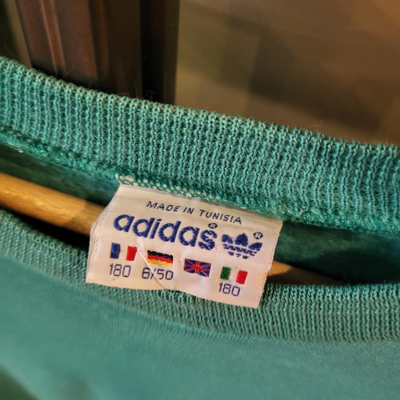 SWT258 - Vintage Retro Essential Adidas Turquiose Green sweatshirt jumper crewneck with Kangaroo Pocket Pouch and minimal red line detailing on arm #adidas #blank #sportswear #90s