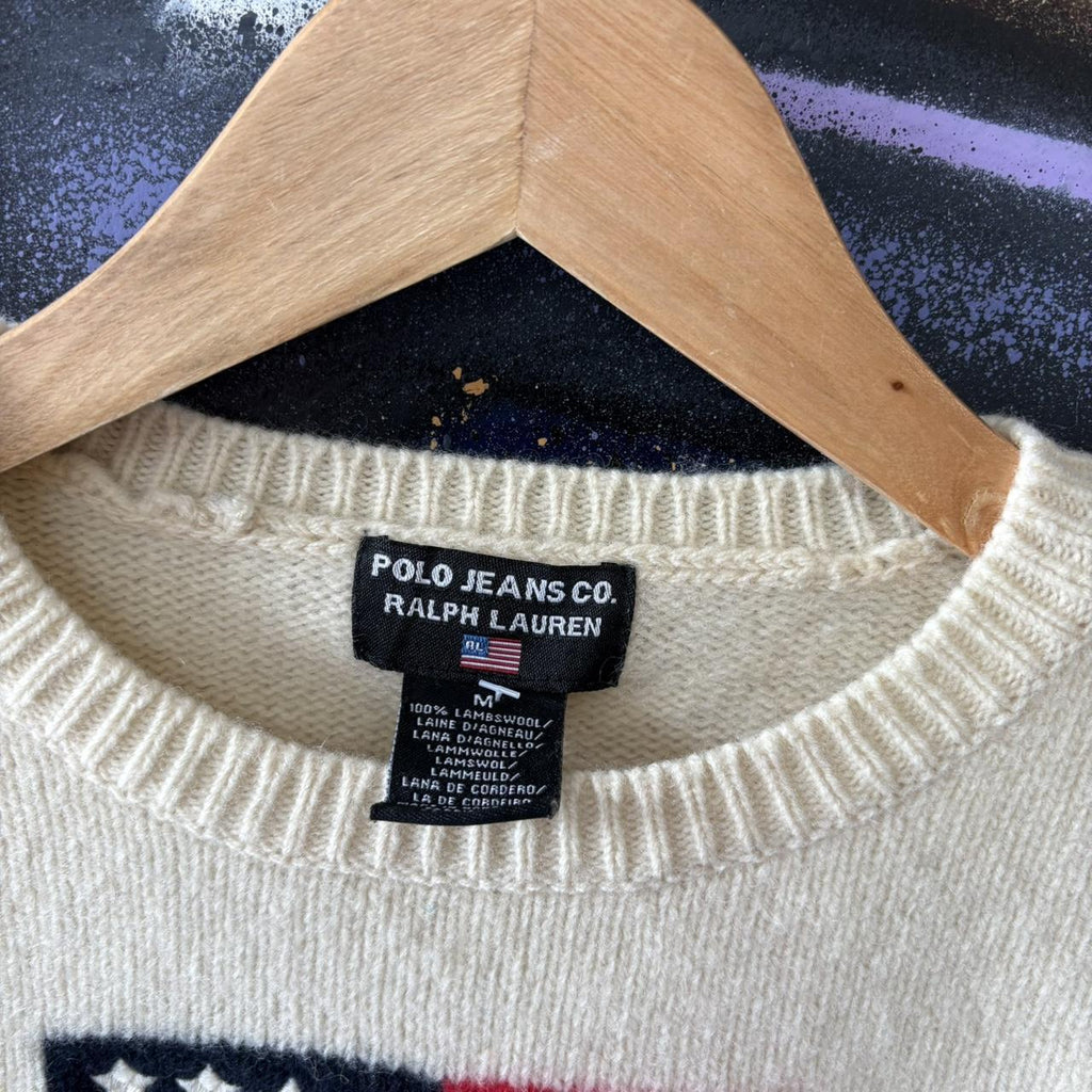 Vintage Polo Ralph Lauren Jumper Womens Medium Cream Lambswool Knit Top Big Flag USA Preppy 90s Y2K