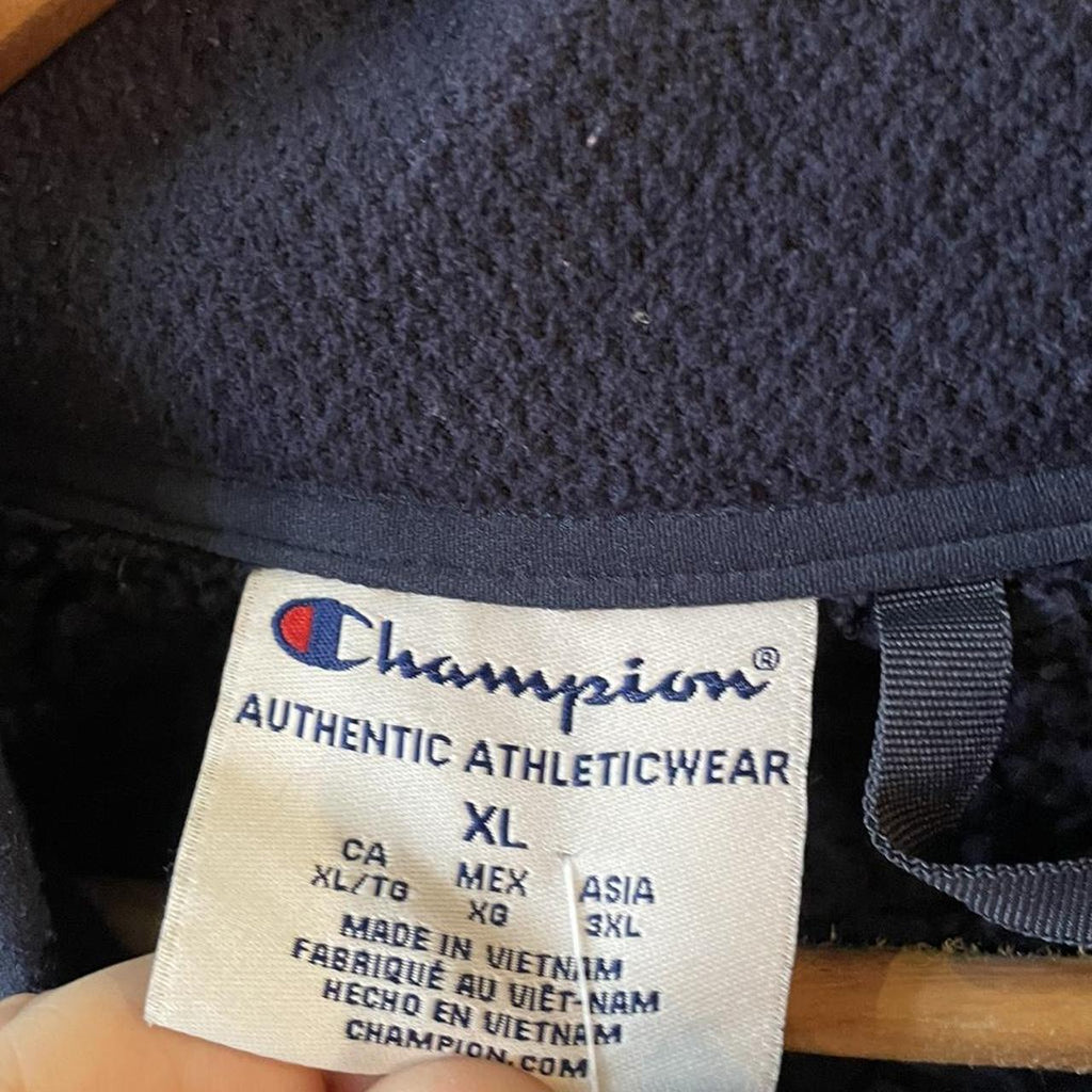O225D79F - Vintage Retro Essential Champion Navy 1/4 Zip Up Fleece Jumper Sweatshirt with big spellout embroidered logo #90s #sportswear #essential #champion #y2k