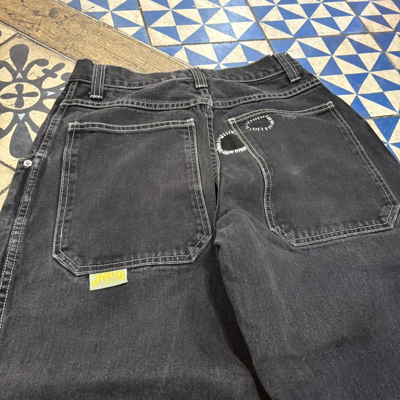 BR1710A - American Vintage Retro Essential  JNCO Black Wash Denim Shorts Jorts with detailed embroidered patch Logos hip hop baggy wide leg 90s 00s y2k grunge streetwear style workwear #hiphop #90s #jorts #skater #jnco
