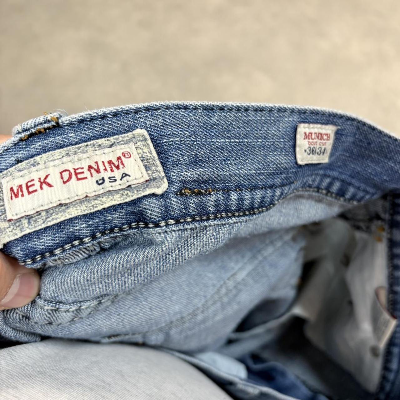 BR1209CB-U - Vintage retro essential  Mek Denim USA Blue Wash Denim Jeans Trousers pants with y2k embroidered detailing #denim #usa #jeans #y2k #embroidered