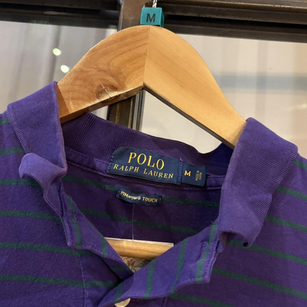 BR1209ML-F - Vintage Retro Ralph Lauren Purple and Green Striped Polo Shirt Short Sleeve collared button up top  #Y2K #preppy #chiefkeef #oldmoney #ralphlauren