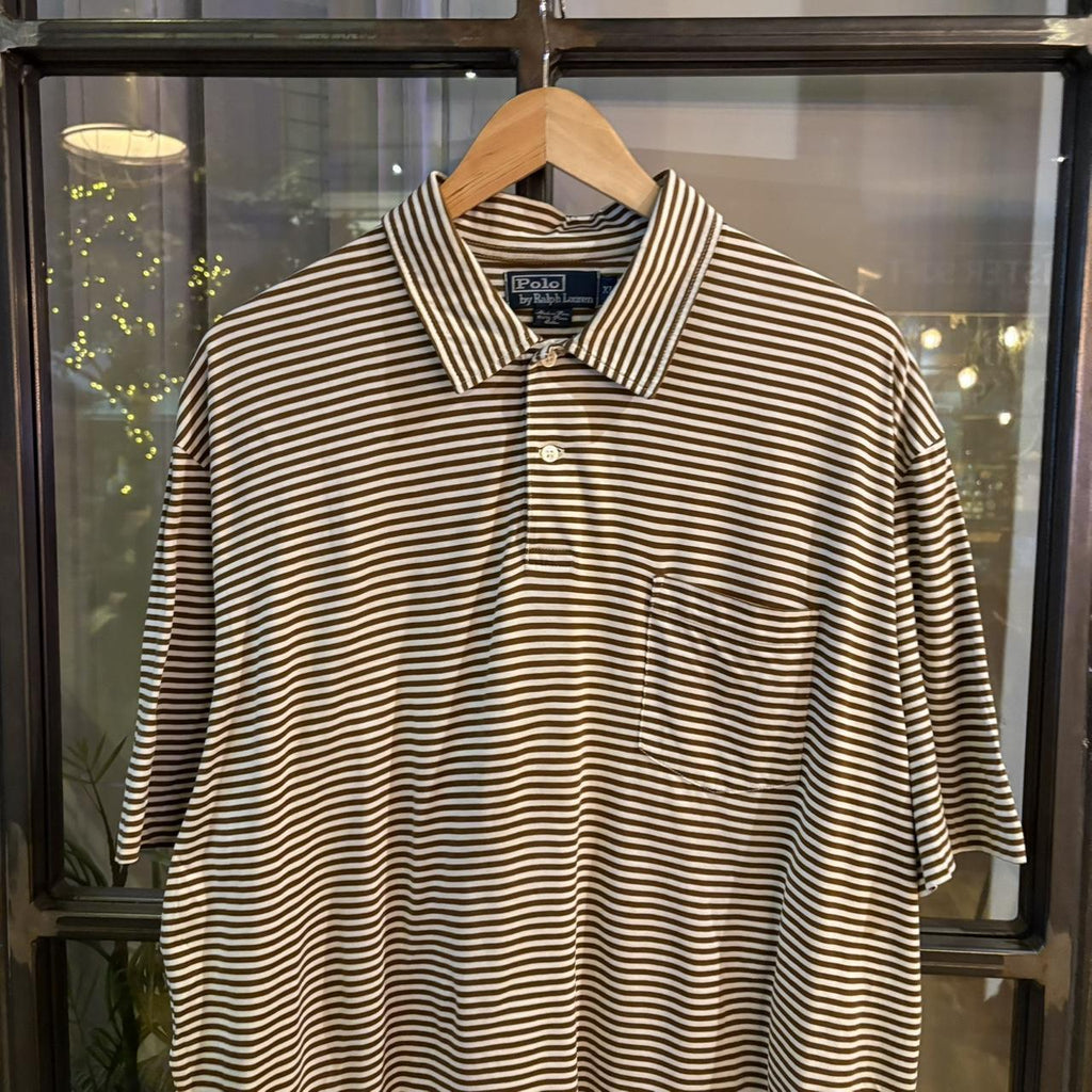 POL326 - Vintage Retro Ralph Lauren Striped Brown Cream Pocket Polo Shirt Short Sleeve collared button up top #Y2K #preppy #chiefkeef #oldmoney #ralphlauren