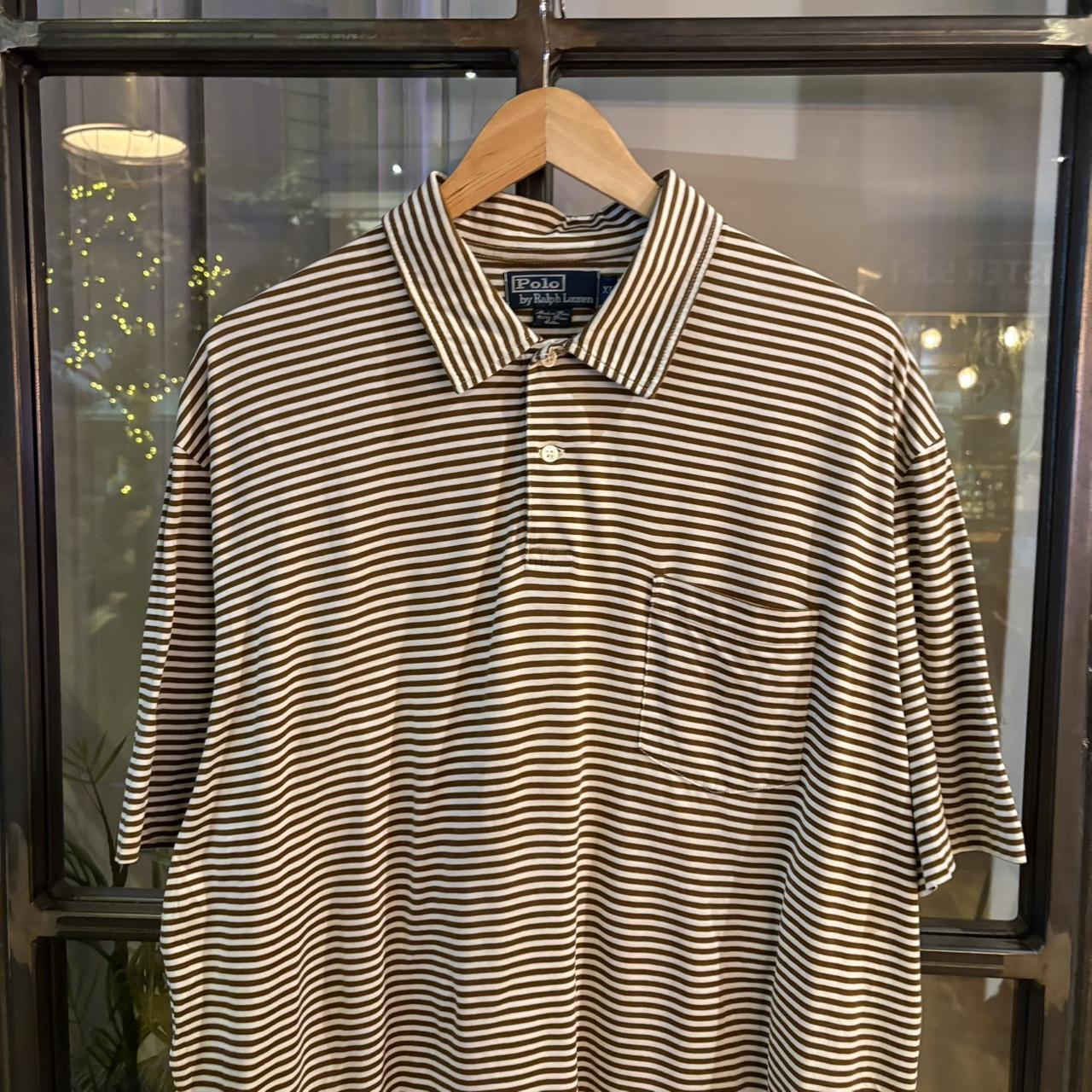 POL326 - Vintage Retro Ralph Lauren Striped Brown Cream Pocket Polo Shirt Short Sleeve collared button up top #Y2K #preppy #chiefkeef #oldmoney #ralphlauren
