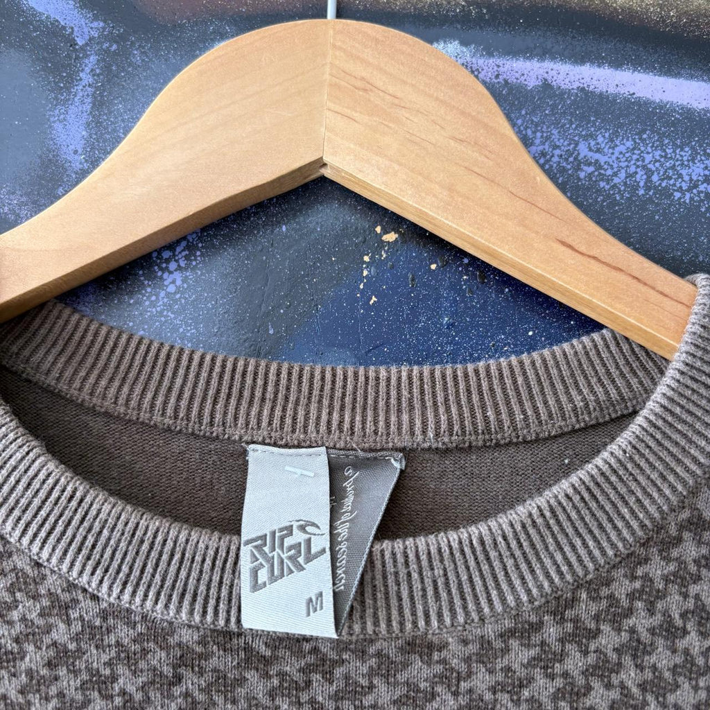 Vintage Ripcurl Sweatshirt Mens Medium Brown Cross Stitch Pattern Graffiti Script Embroidered Logo Knit Jumper Surf Top 90s Y2K 00s