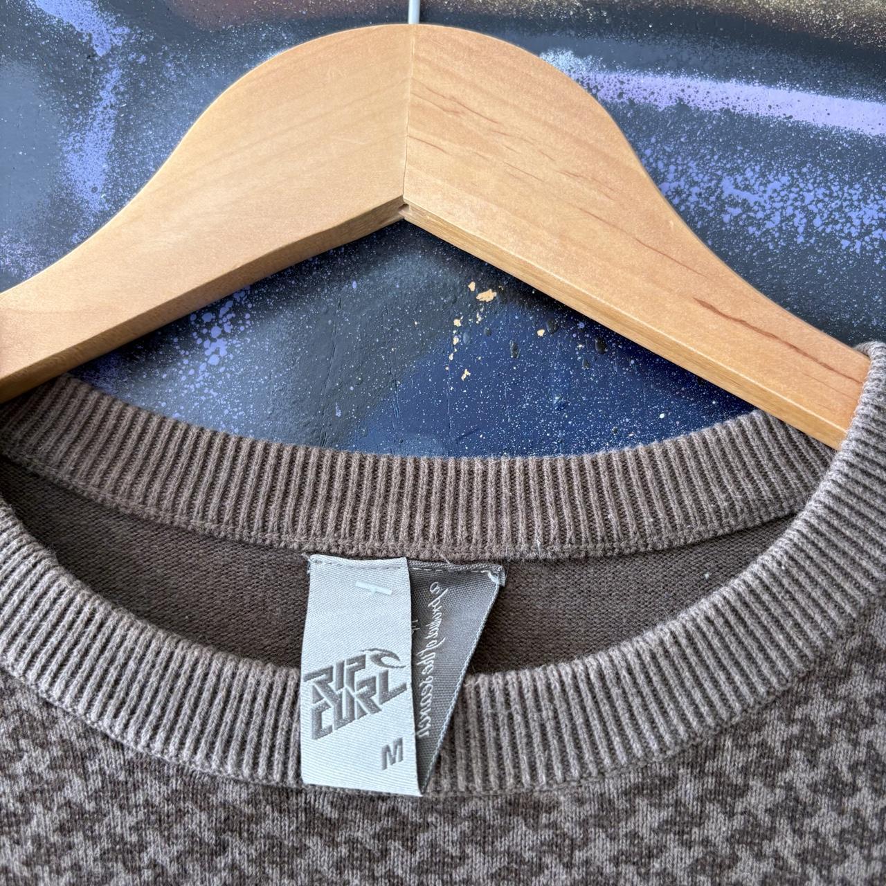 Vintage Ripcurl Sweatshirt Mens Medium Brown Cross Stitch Pattern Graffiti Script Embroidered Logo Knit Jumper Surf Top 90s Y2K 00s