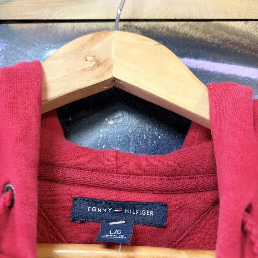 MES1102FH-U - Vintage Retro Essential Tommy Hilfiger Red Full Zip Sweatshirt Hoodie with embroidered Spell Out felt letters logo #90s #sportswear #essential #tommy #y2k
