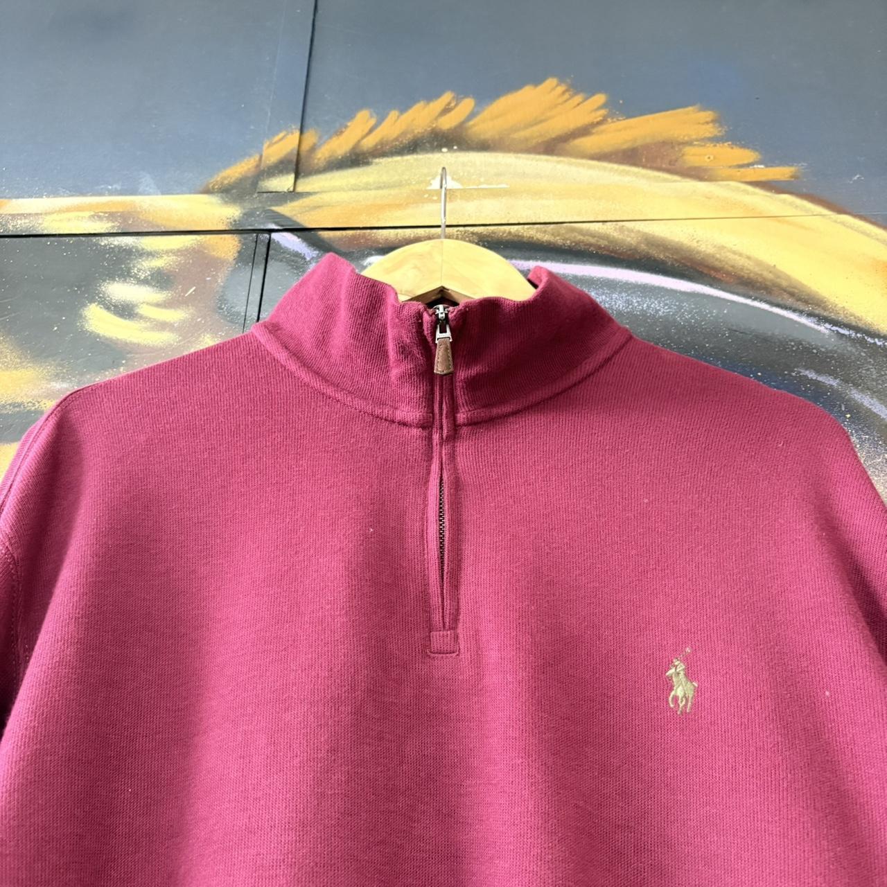 Vintage red Ralph Lauren Quarter Zip Sweatshirt Jumper Top preppy essential smart casual with green spellout embroidered logo pony horse Wine maroon 00s 90s Y2K Cheltenham races horse racing old money
