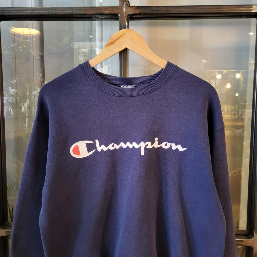 SWT280 - Vintage Retro Essential Champion Navy sweatshirt jumper crewneck with graphic print spellout chest logo #essential #champion #Casual