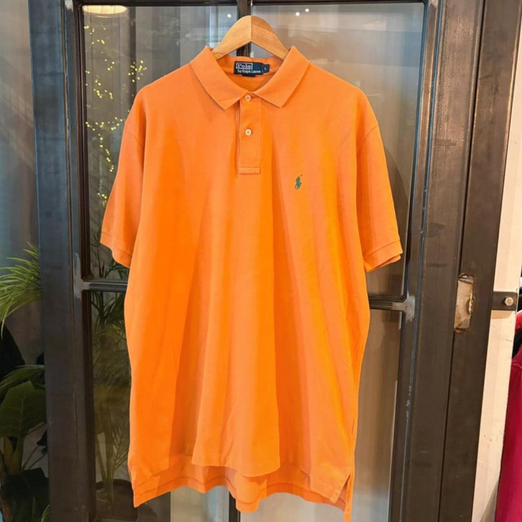 POL407-F - Vintage Retro Ralph Lauren Orange Plain Polo Shirt Short Sleeve collared button up top  #Y2K #preppy #chiefkeef #oldmoney #ralphlauren