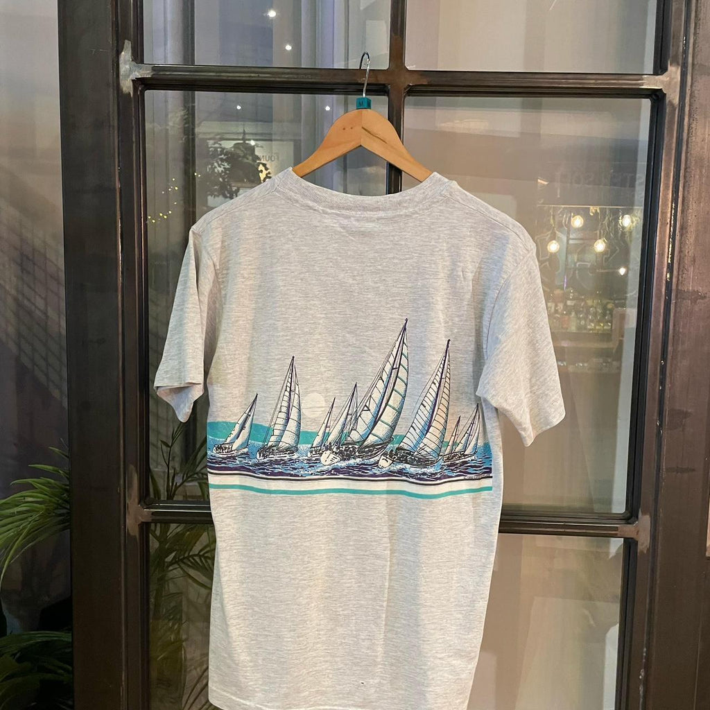 1224H01P - Vintage Retro Essential Grey Cailifornia Sailing Graphic All Over Print Single Stitch Top Tee T-shirt #90s #aop #top #boating #sailing