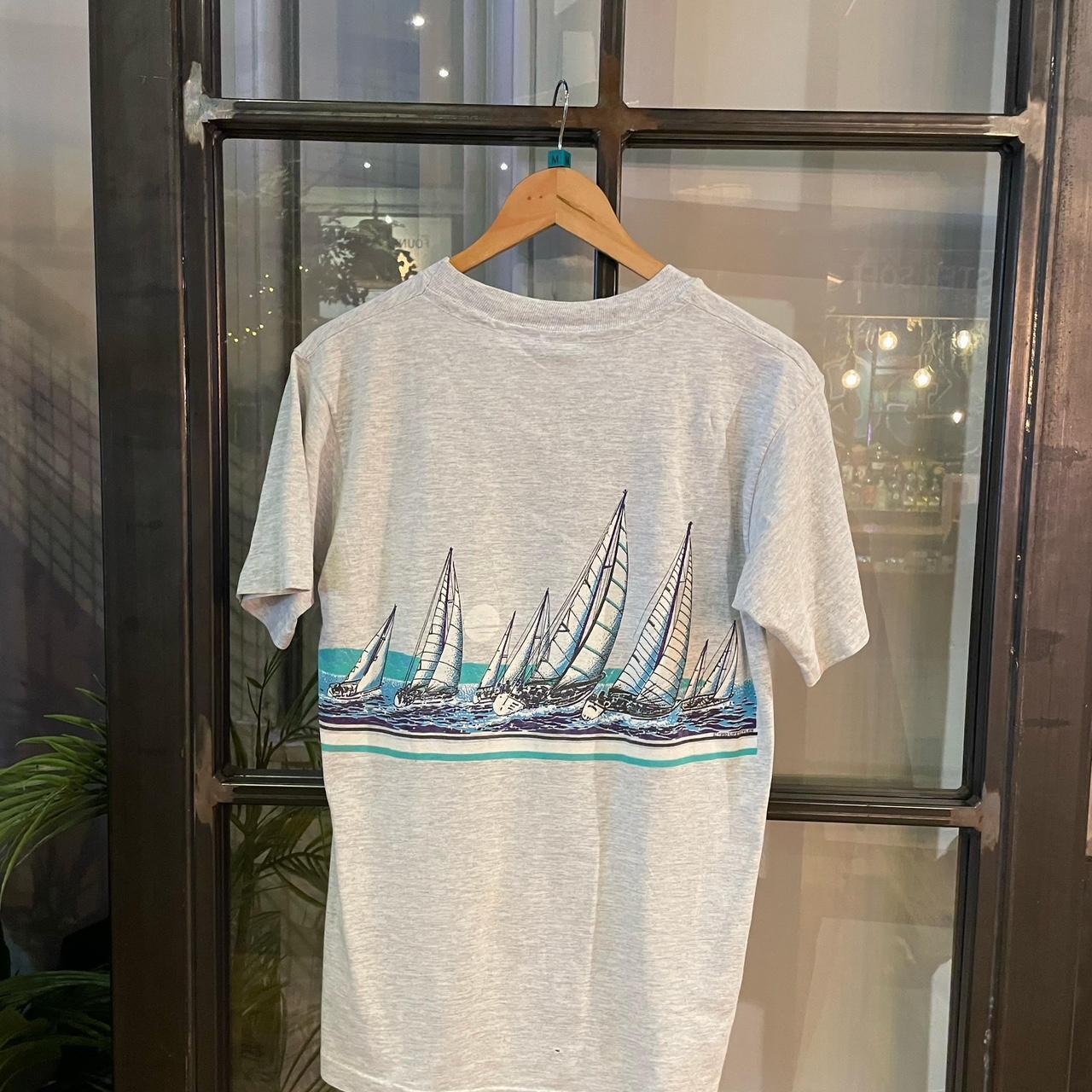 1224H01P - Vintage Retro Essential Grey Cailifornia Sailing Graphic All Over Print Single Stitch Top Tee T-shirt #90s #aop #top #boating #sailing