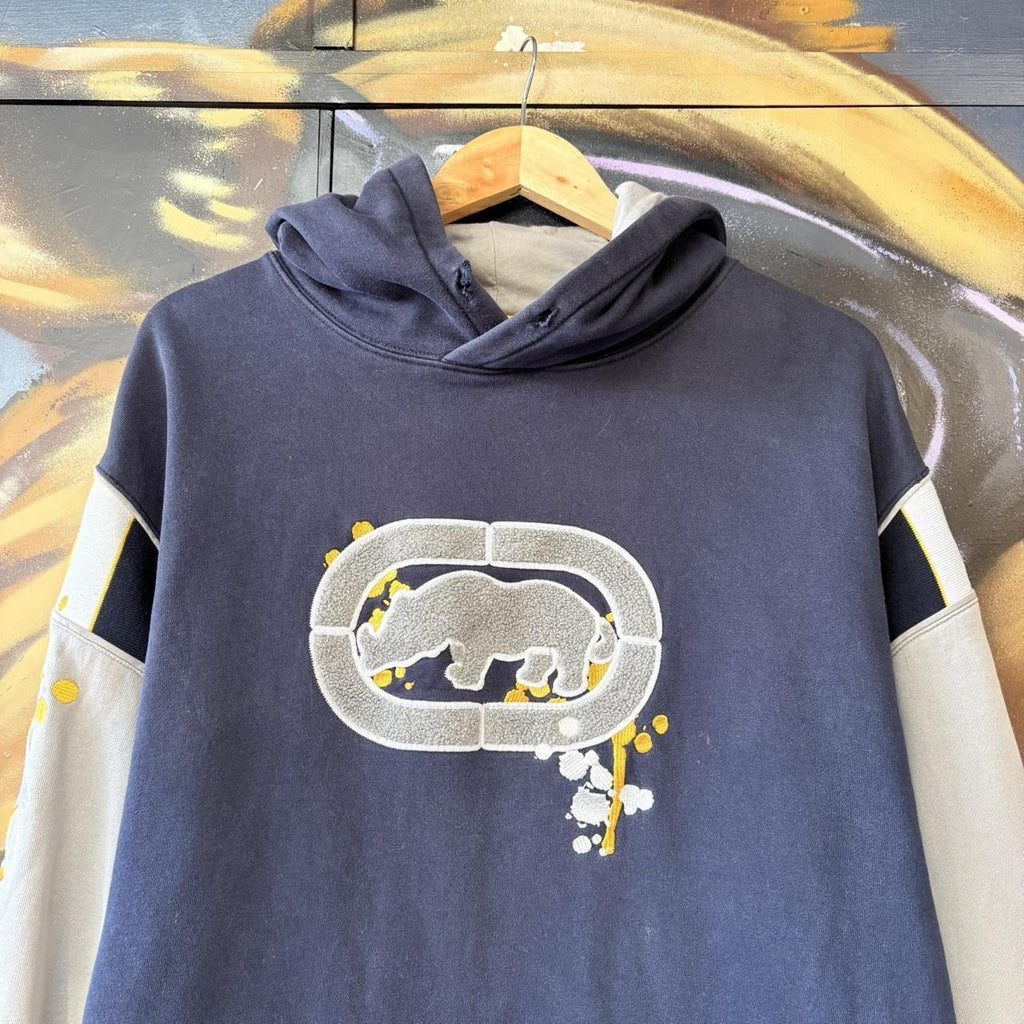 Vintage Retro Essential Ecko Unltd. Navy Sweatshirt Hoodie with embroidered centre patch logo Vintage 90s Y2K 2000s