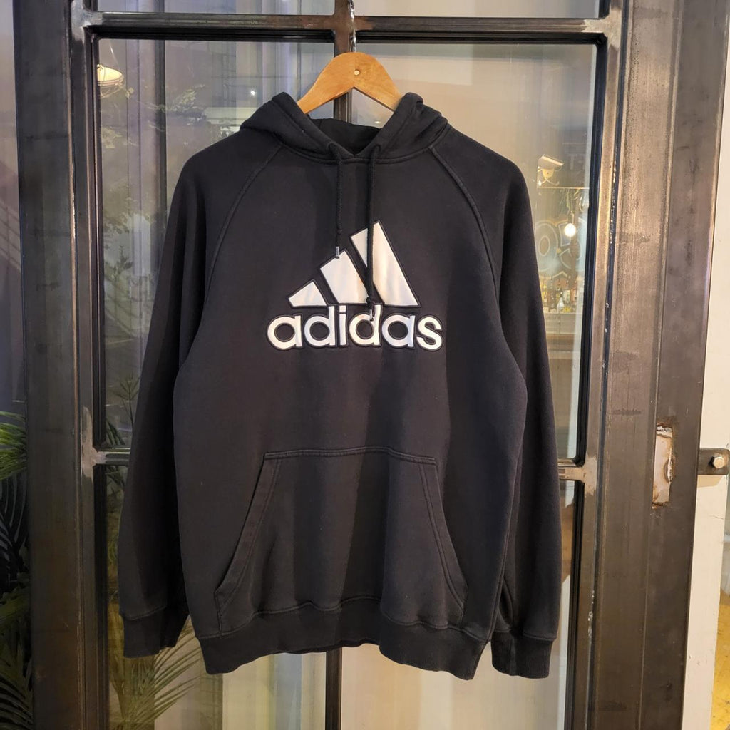 SWT352 - Vintage Retro Essential Adidas Black sweatshirt hoodie with embroided centre spellout #hoodie #casual #y2k #adidas #essential