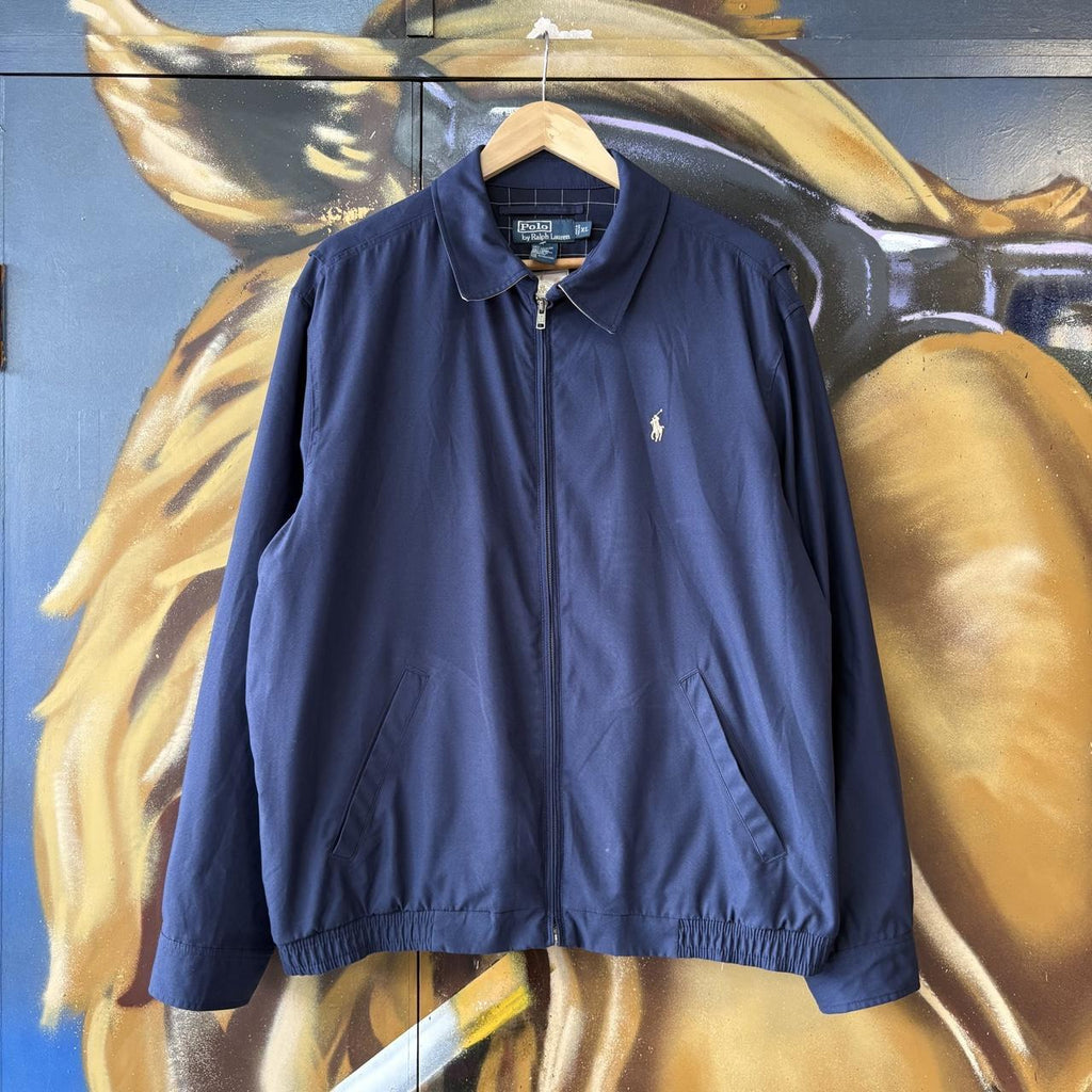 Vintage Ralph Lauren Jacket Mens XL Navy Harrington Full Zip Preppy Pony Logo Collared Top Y2K 90s