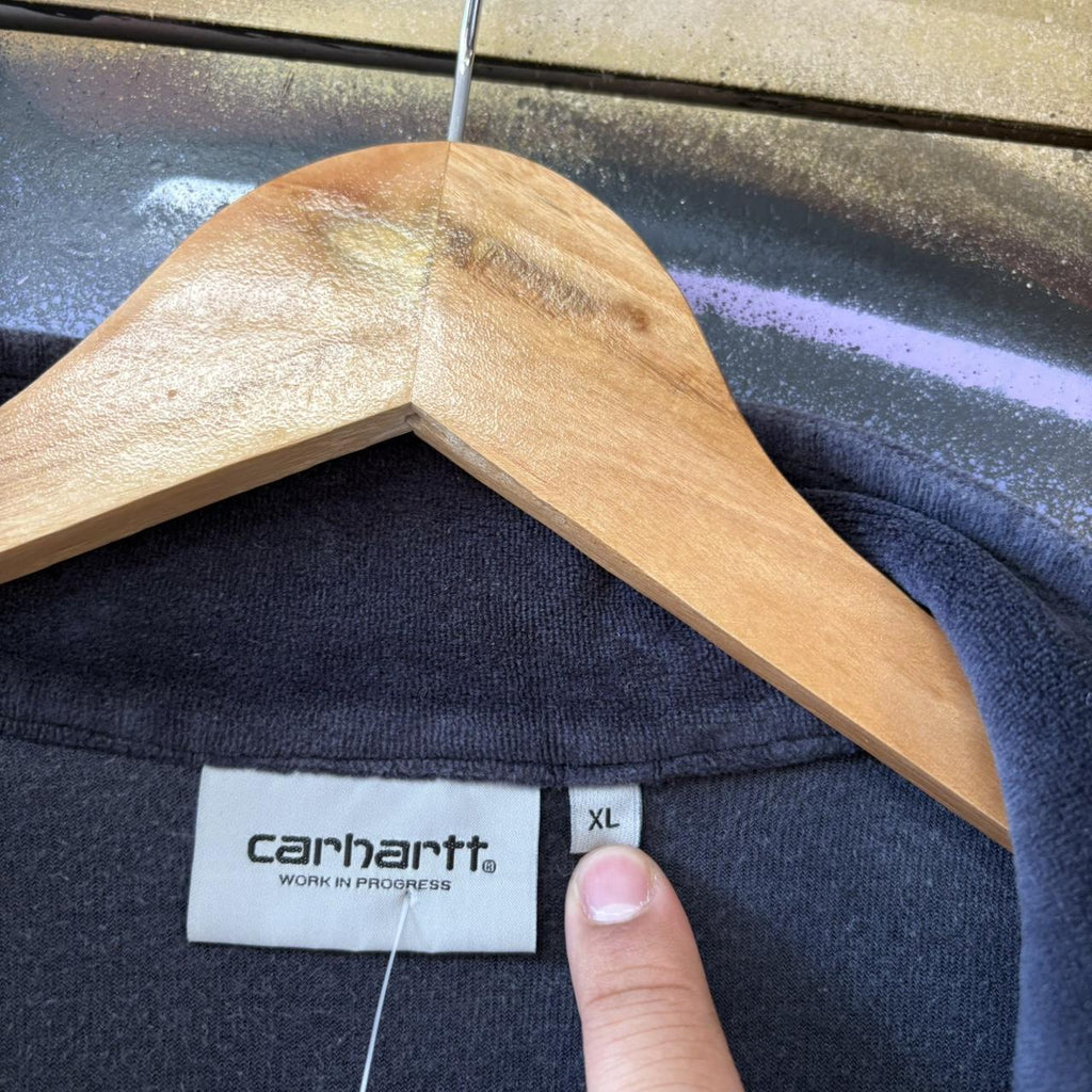 Carhartt WIP Tila Quarter Zip Jumper Blue Mens XL Velour Sweatshirt Surf Skate Top Pullover 90s Y2K