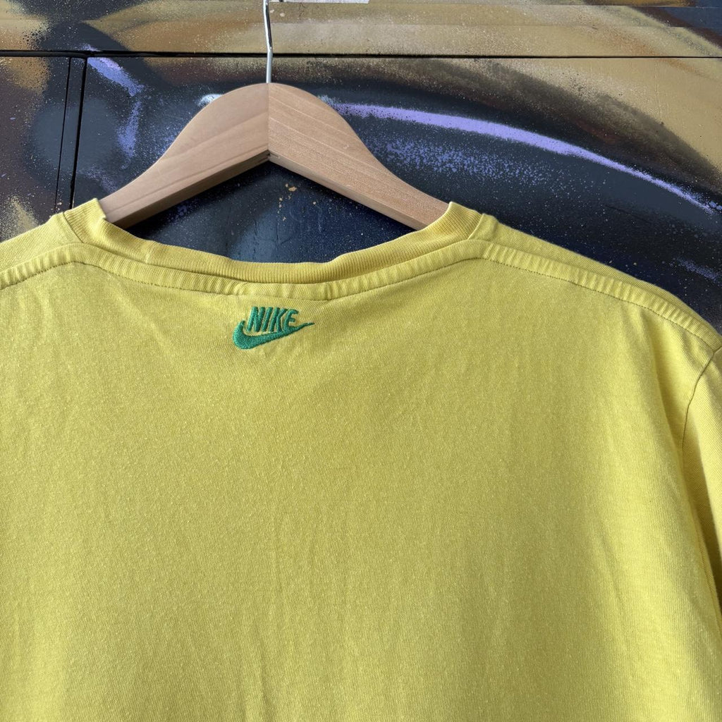 Vintage Nike Air T shirt Mens Small Yellow Stripe Block Spell Out Swoosh Graphic Print Joga Bonita Tee Top 90s Y2K 00s