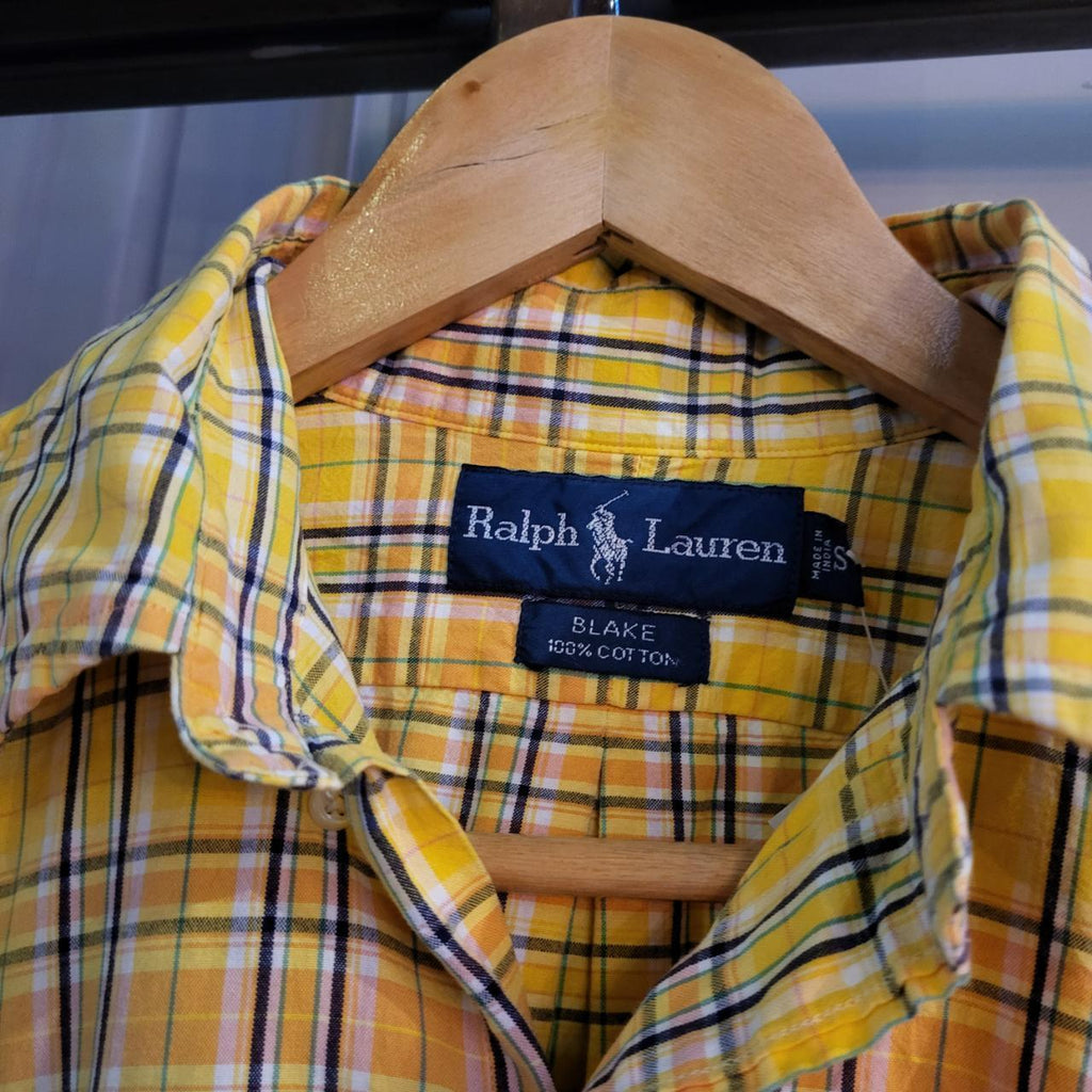 RLS020-P - Vintage Ralph Lauren Yellow Checkered Button Up Shirt Longsleeve collared top #Y2K #preppy #smartcasual #golf #oldmoney