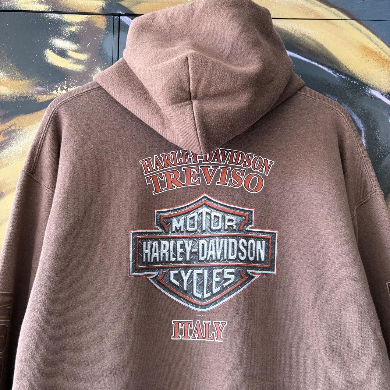 Vintage Harley Davidson Hoodie Mens  Large Brown Italy Treviso Biker Logo Graphic Print Jumper Top 90s Y2K 00s