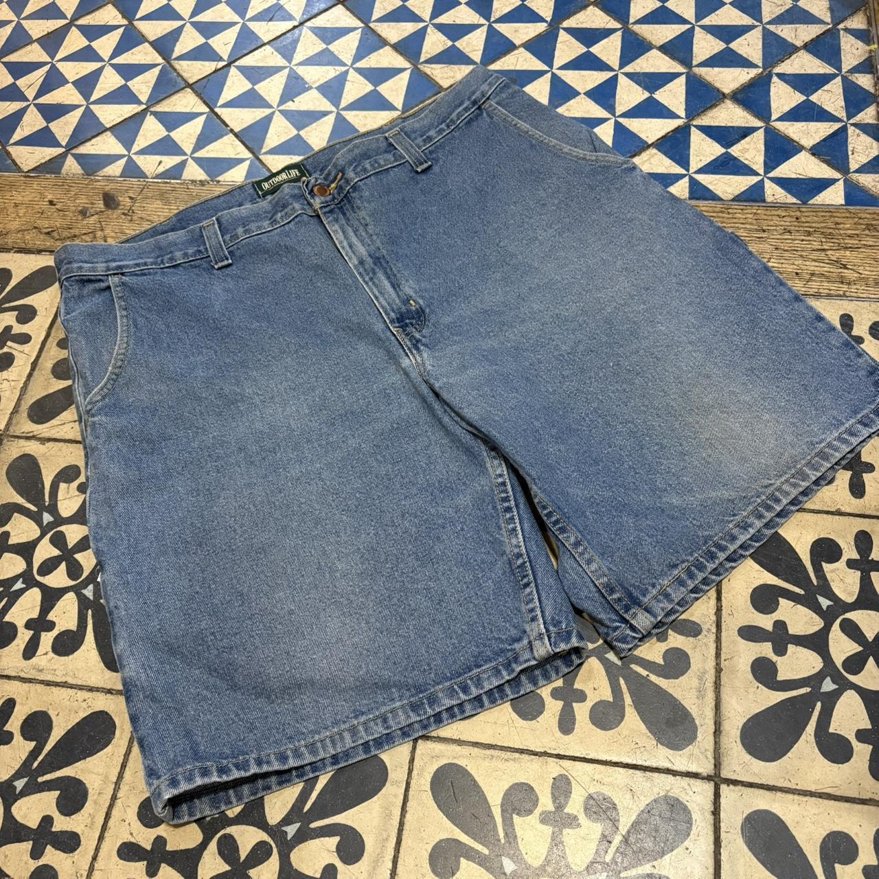 JRT134 - Vintage Retro Essential Mid Blue Wash Denim Shorts Jorts with detailed patch Logo carpenter workwear #hiphop #90s #jorts #skater