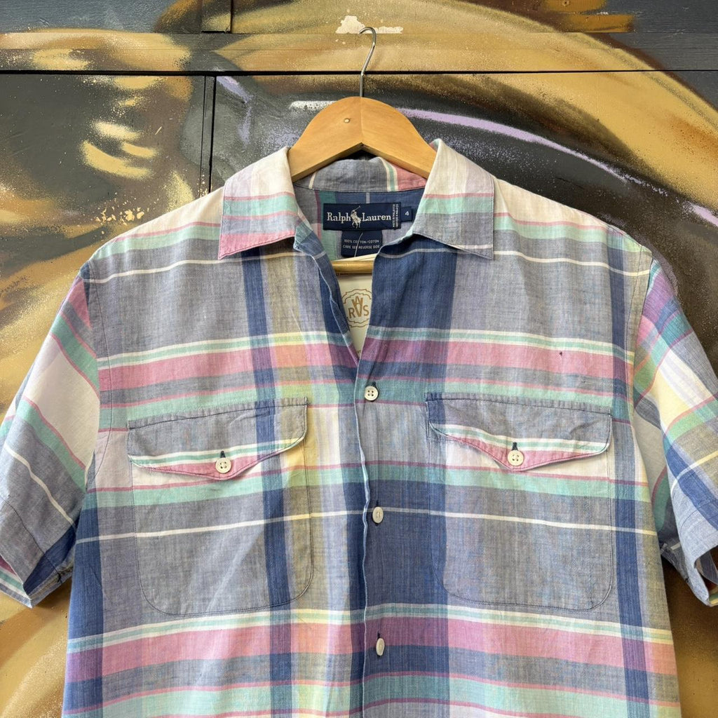 BR1912ALM-P - Vintage Ralph Lauren Blue Check short sleeve camp collar double pocket button up polo shirt top #Y2K #preppy #chiefkeef #smartcasual #oldmoney