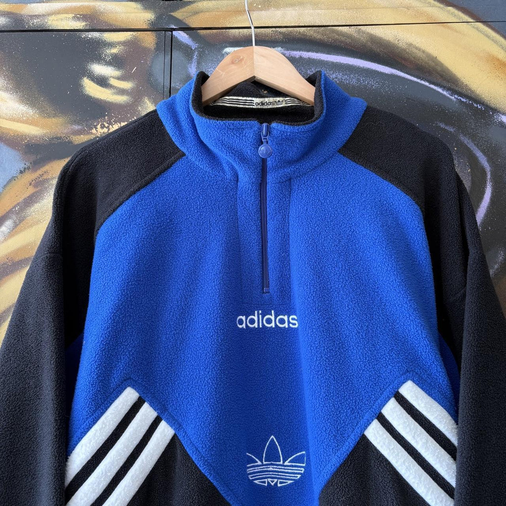 Vintage Adidas Originals Sweatshirt Mens Large Blue Black 1/4 Zip Fleece Pullover Jumper Top 90s Y2K 00s