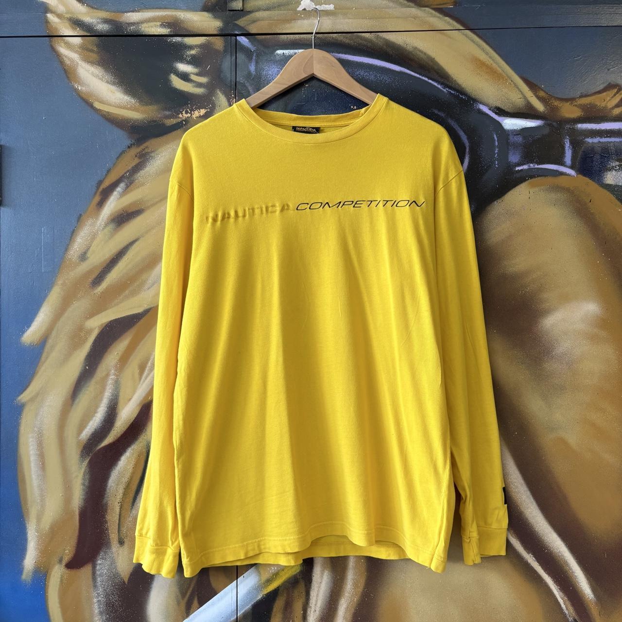 Nautica Competition T shirt Mens Medium Yellow Longsleeve Side Stripe Sailing Graphic Print Streetwear Tee Top 90s Y2K 00s