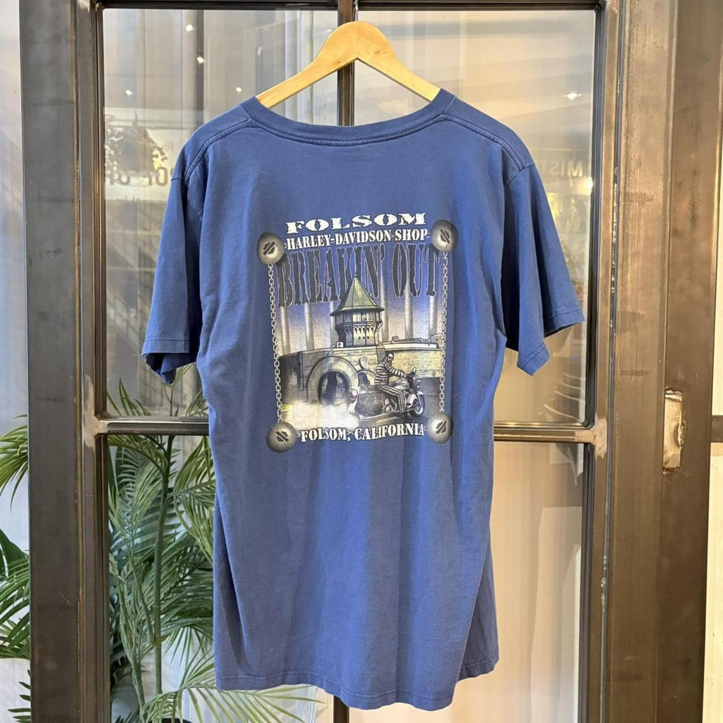 Vintage Harley-Davidson T-Shirt Mens Large Blue Biker Motorcycle Tee Folsom California 90s Y2K