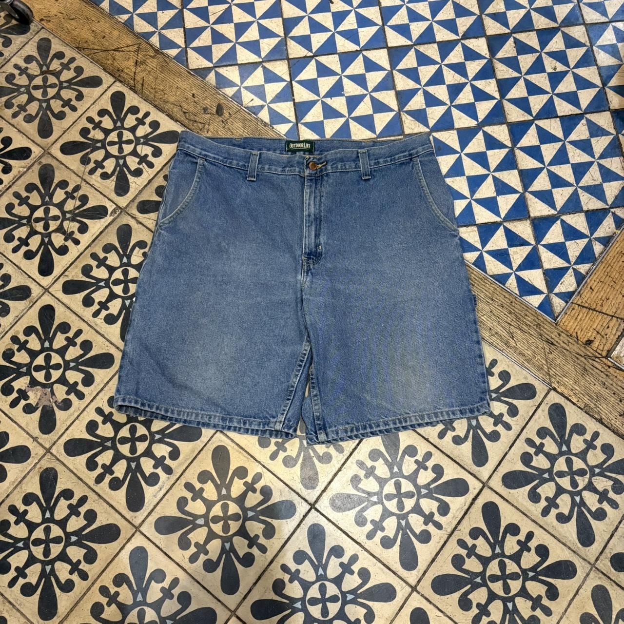 JRT134 - Vintage Retro Essential Mid Blue Wash Denim Shorts Jorts with detailed patch Logo carpenter workwear #hiphop #90s #jorts #skater
