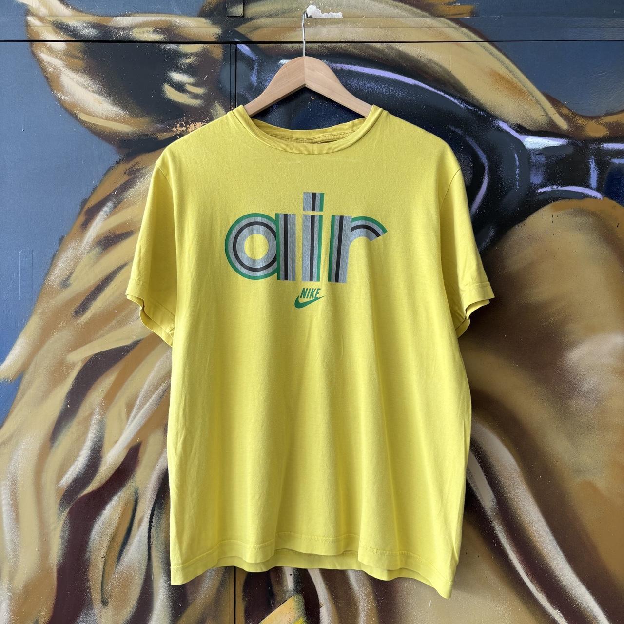 Vintage Nike Air T shirt Mens Small Yellow Stripe Block Spell Out Swoosh Graphic Print Joga Bonita Tee Top 90s Y2K 00s