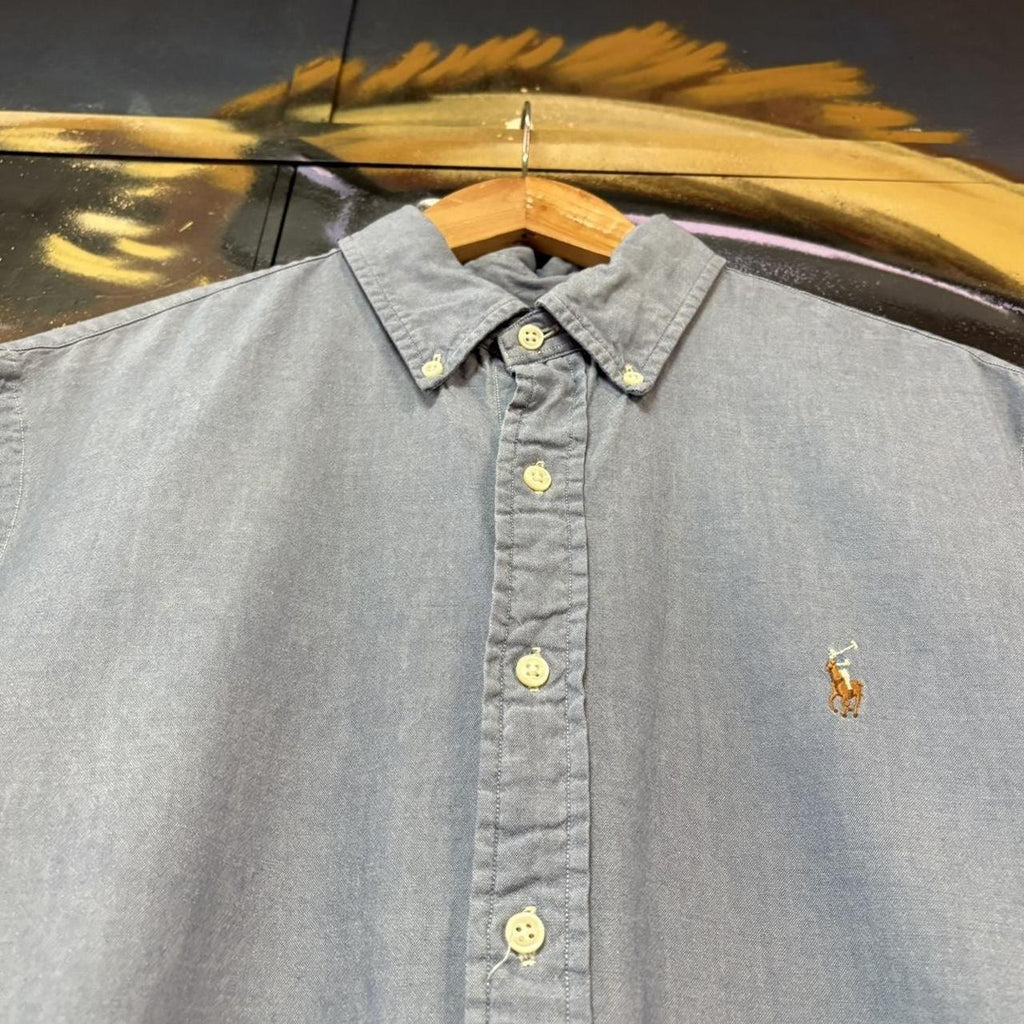 BR1912YP-U - Vintage Ralph Lauren Plain Blue Short Sleeve collared button up polo shirt top #Y2K #preppy #chiefkeef #smartcasual #oldmoney