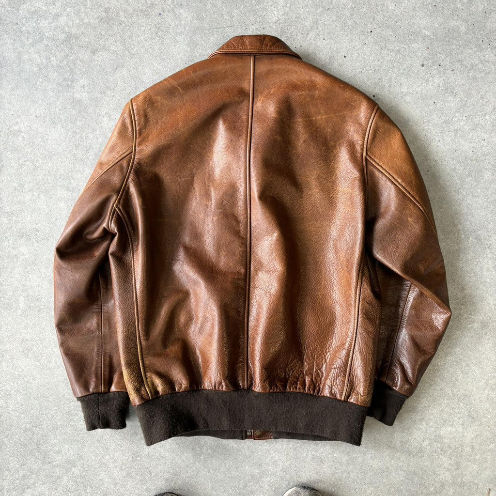 Essential Brown Schott USA x Supreme New York skate leopard print lining type A2 Bomber real cowhide leather flight pilot jacket coat 2015 release with tab as seen