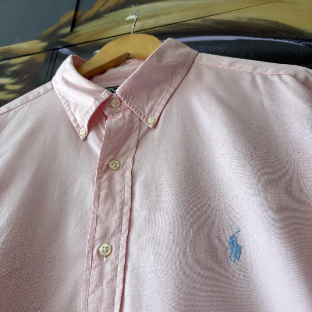 Vintage Ralph Lauren Polo Shirt Mens XL Plain Pink Preppy Pony Logo Collared Button Up Top Y2K 90s