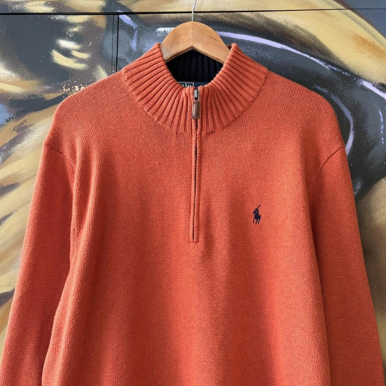 Vintage Orange Ralph Lauren Quarter Zip Sweatshirt Jumper Top preppy essential smart casual with navy blue spellout embroidered logo pony horse Wine maroon 00s 90s Y2K Cheltenham races horse racing old money