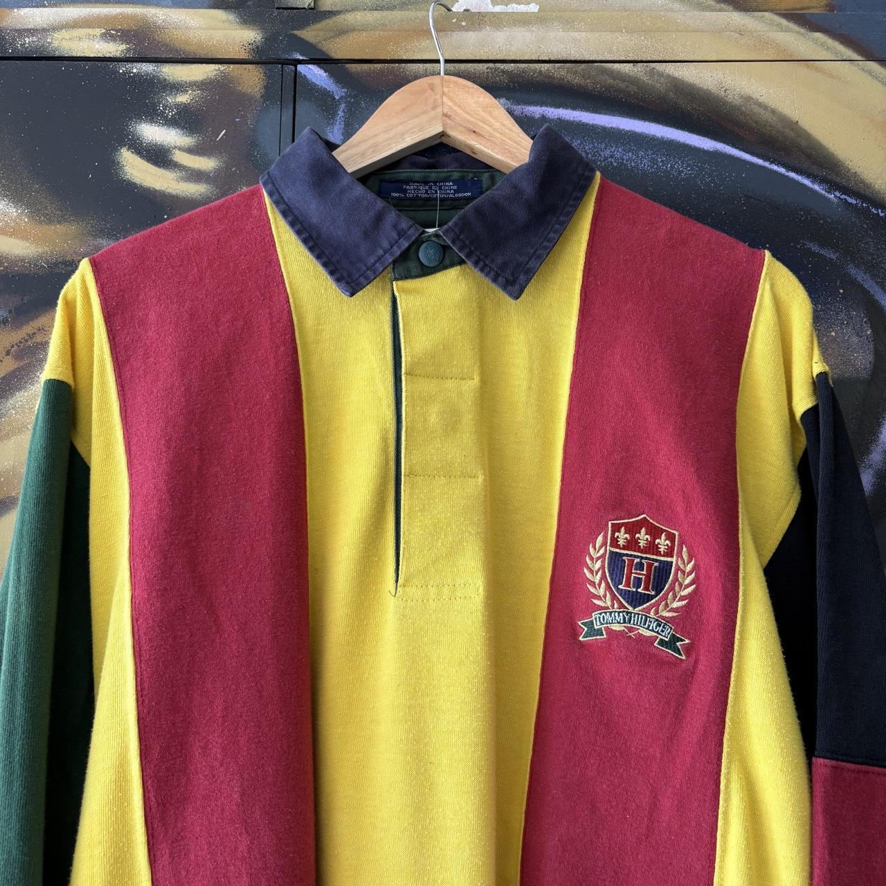 Vintage Tommy Hilfiger Rugby Jersey Red Yellow Striped Preppy Pony Logo Collared Button Up Top Y2K 90s
