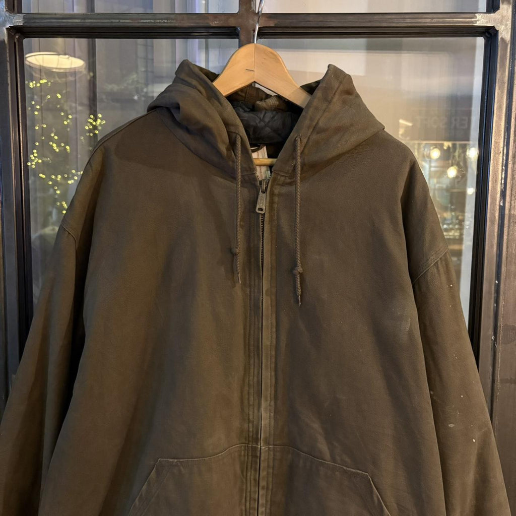 0125A89 - Vintage Retro Wolverine Mocha Chocolate Brown Full Zip Up lined Canvas Hooded Workwear Active Jacket #utility #workwear #activejacket #skater #wideboxy