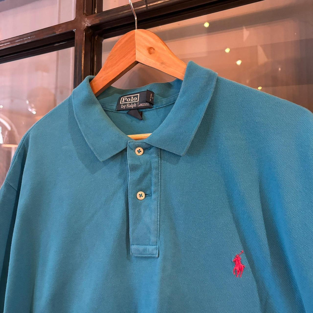 POL488F - Vintage Retro Ralph Lauren Plain Blue Polo Shirt Short Sleeve collared button up top  #Y2K #preppy #chiefkeef #oldmoney #ralphlauren
