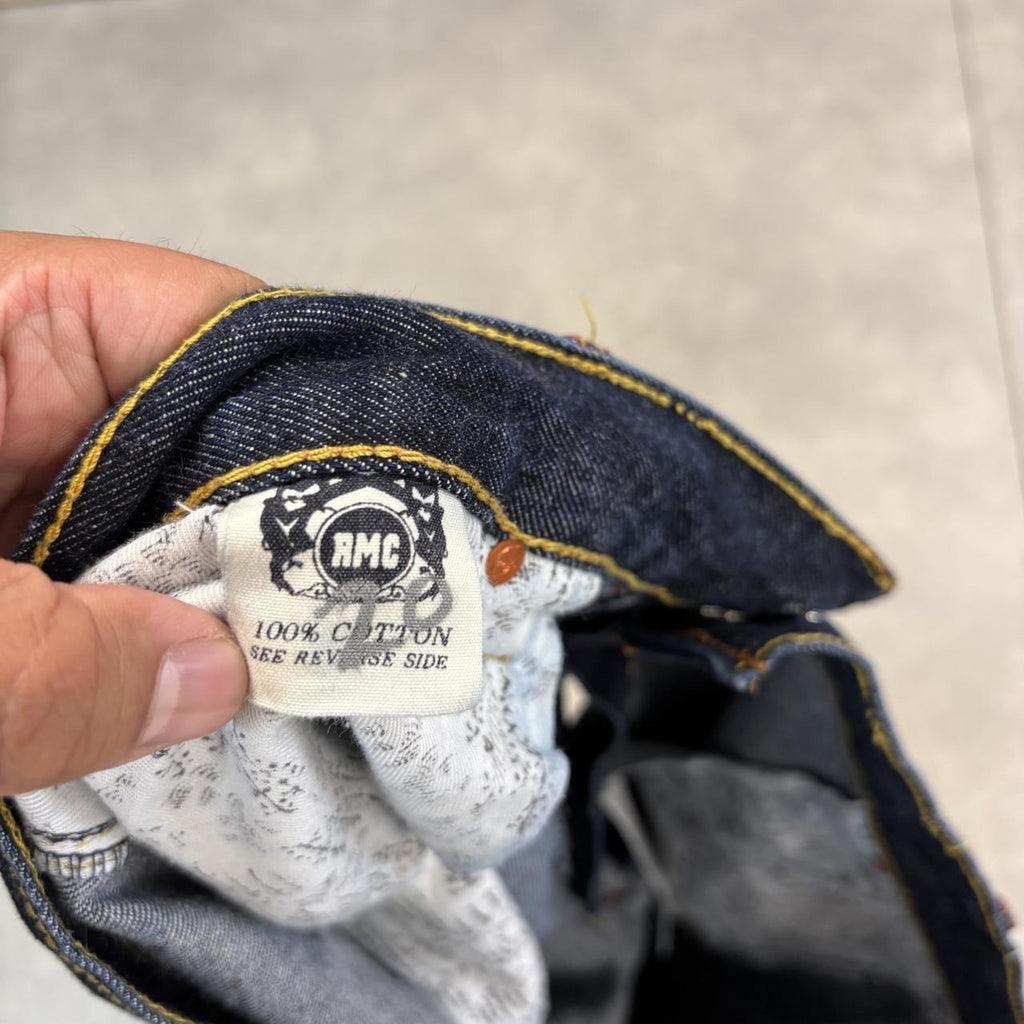Red Monkey Company RMC Jeans Mens 40x34 Japanese Selvedge Denim Dark Blue Wash Straight Leg Martin Ksohoh Embroidered Samurai and Geisha Detailing Hip Hop Y2K