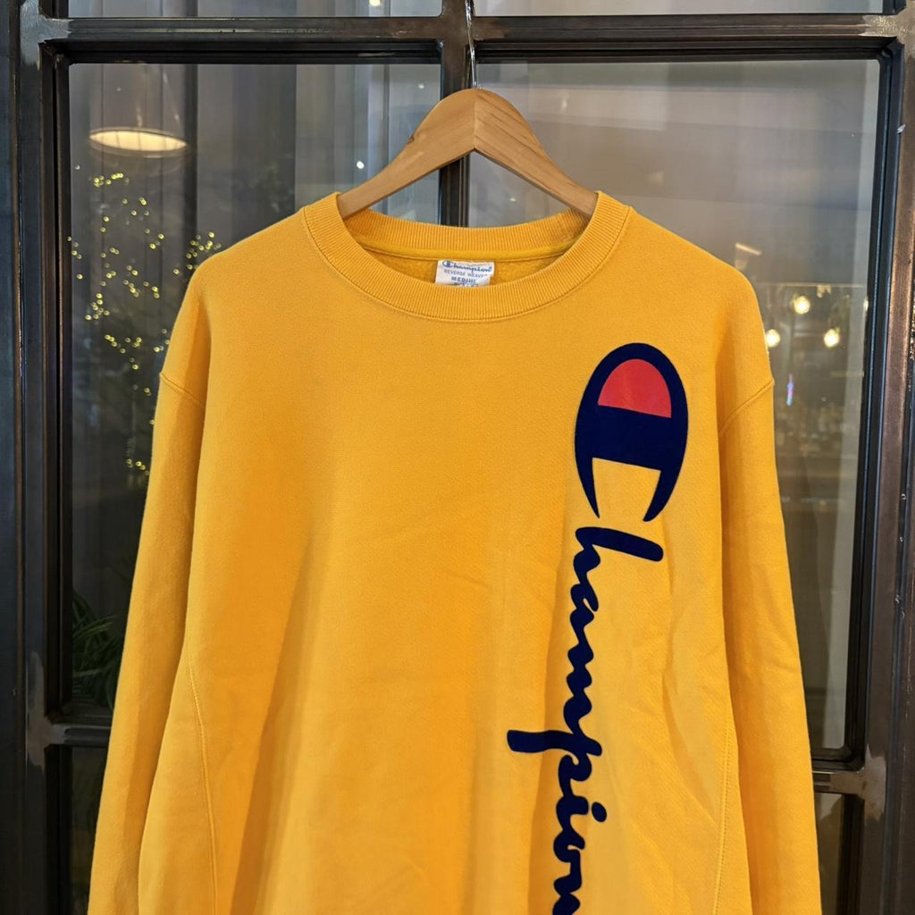 SWT612BR - Vintage Retro Essential Yellow Champion Crewneck Jumper Sweatshirt with vertical felt sciprt logo #90s #sportswear #essential #y2k #champion