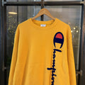 SWT612BR - Vintage Retro Essential Yellow Champion Crewneck Jumper Sweatshirt with vertical felt sciprt logo #90s #sportswear #essential #y2k #champion