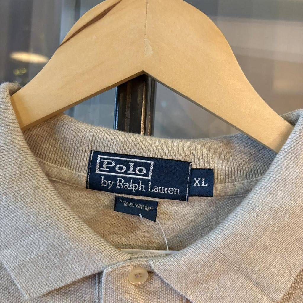POL450F-P - Vintage Retro Ralph Lauren Beige Plain Pocket Polo Shirt Short Sleeve collared button up top  #Y2K #preppy #chiefkeef #oldmoney #ralphlauren