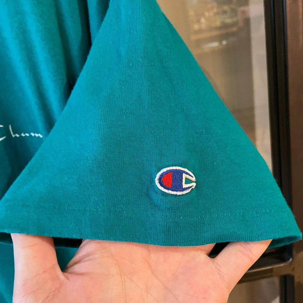 0125A58P - Vintage Retro Essential Teal Champion Chest Script Logo Print Top Tee T-shirt #90s #champion #top #essential #basic