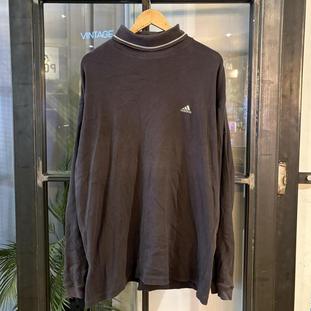 SWT700F - Vintage Retro Essential Grey Adidas Mock / Roll Neck Sweatshirt Hoodie with embroidered logo #90s #sportswear #essential #adidas #y2k
