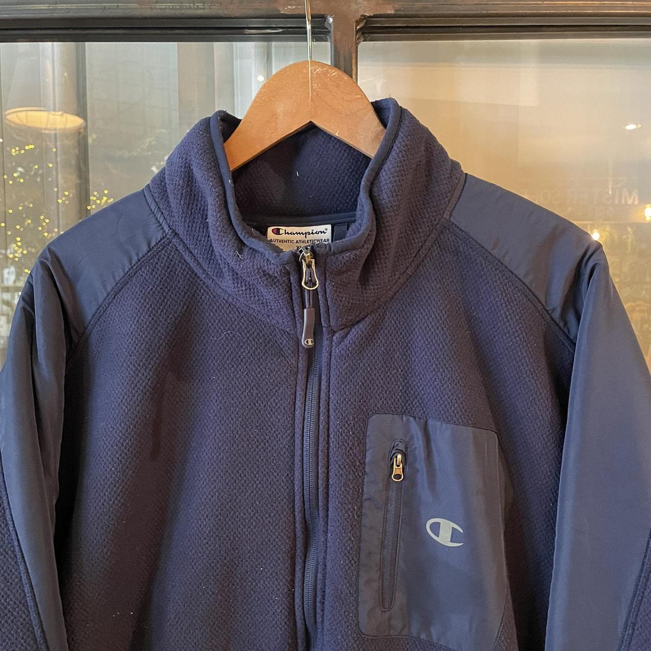 O225D79F - Vintage Retro Essential Champion Navy 1/4 Zip Up Fleece Jumper Sweatshirt with big spellout embroidered logo #90s #sportswear #essential #champion #y2k