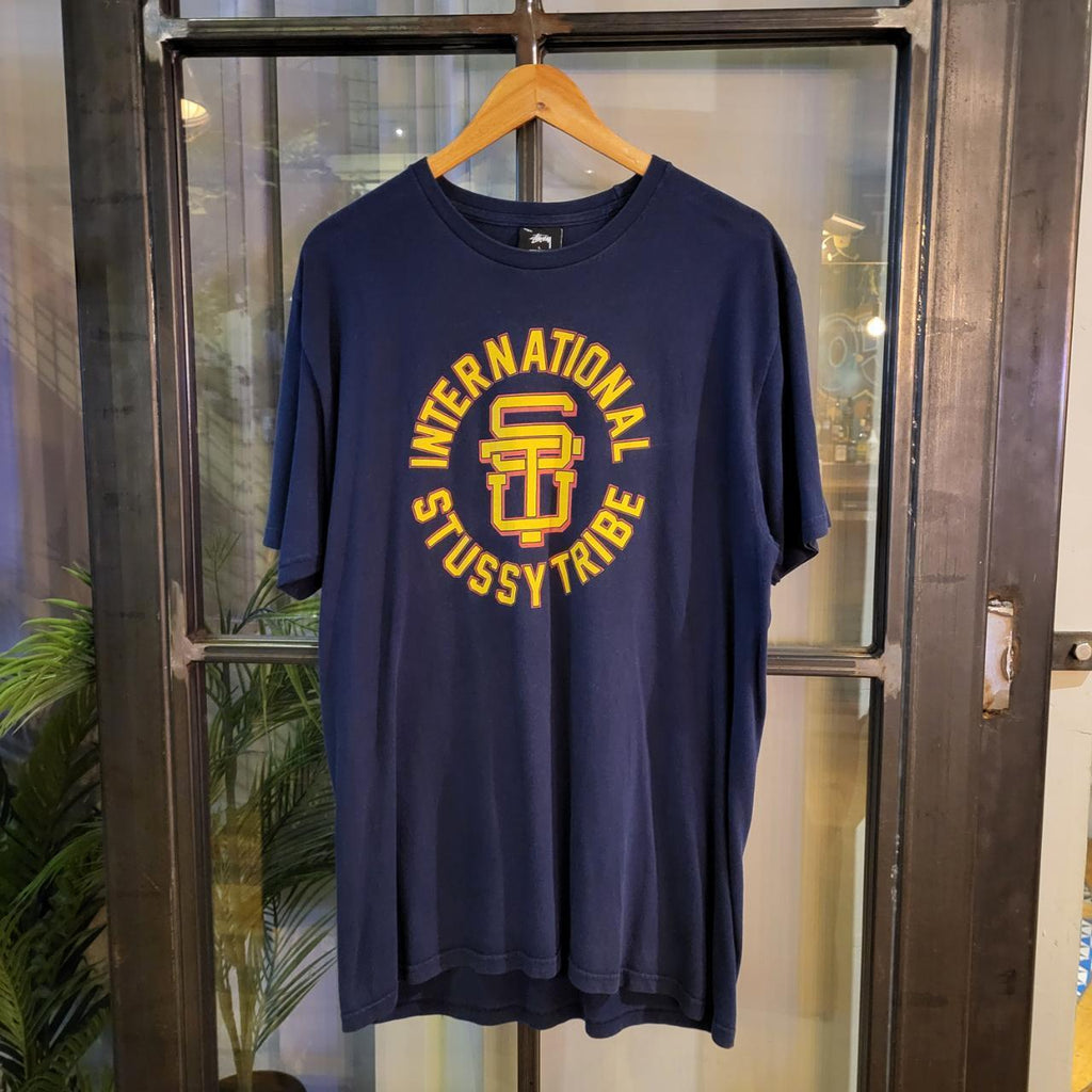 TEE252-U - Vintage Retro Essential Stussy International Tribe Navy graphic print Top Tee T-shirt 90s 00s Y2K wide boxy oversized fit