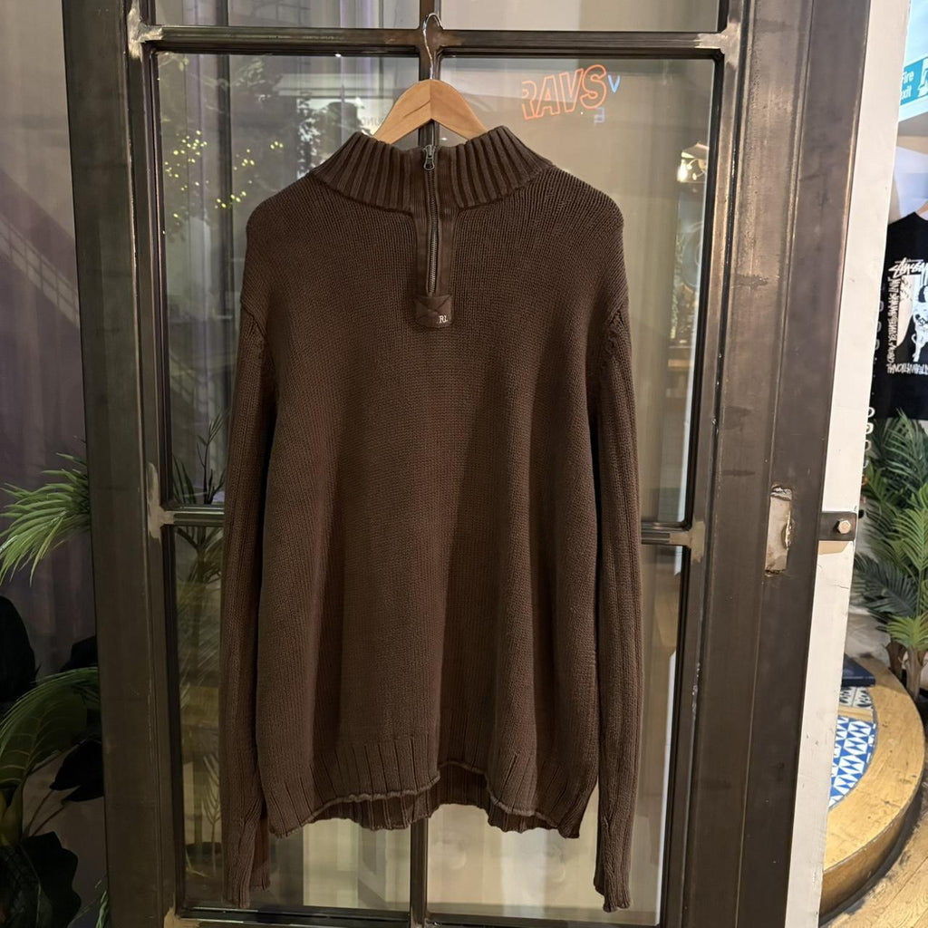 0125D70 - Vintage Retro Essential Brown Ralph Lauren Knitted 1/4 Zip Up Fleece Crewneck Jumper Sweatshirt with embroidered logo #smartcasual #oldmoney #essential #ralphlauren #y2k